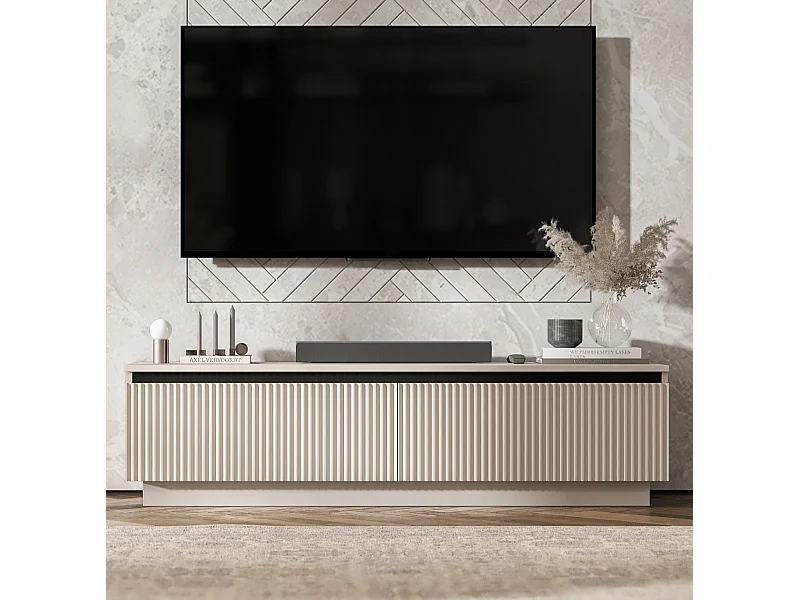 Meuble TV avec 2 portes - Corps Cachemire mat, façades rainurées Cachemire mat - 140 cm, sur socle