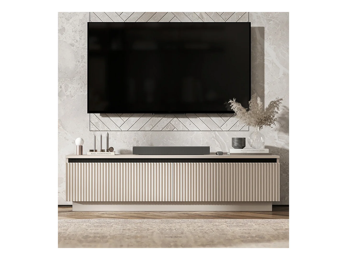 Meuble TV avec 2 portes - Corps Cachemire mat, façades rainurées Cachemire mat - 140 cm, sur socle