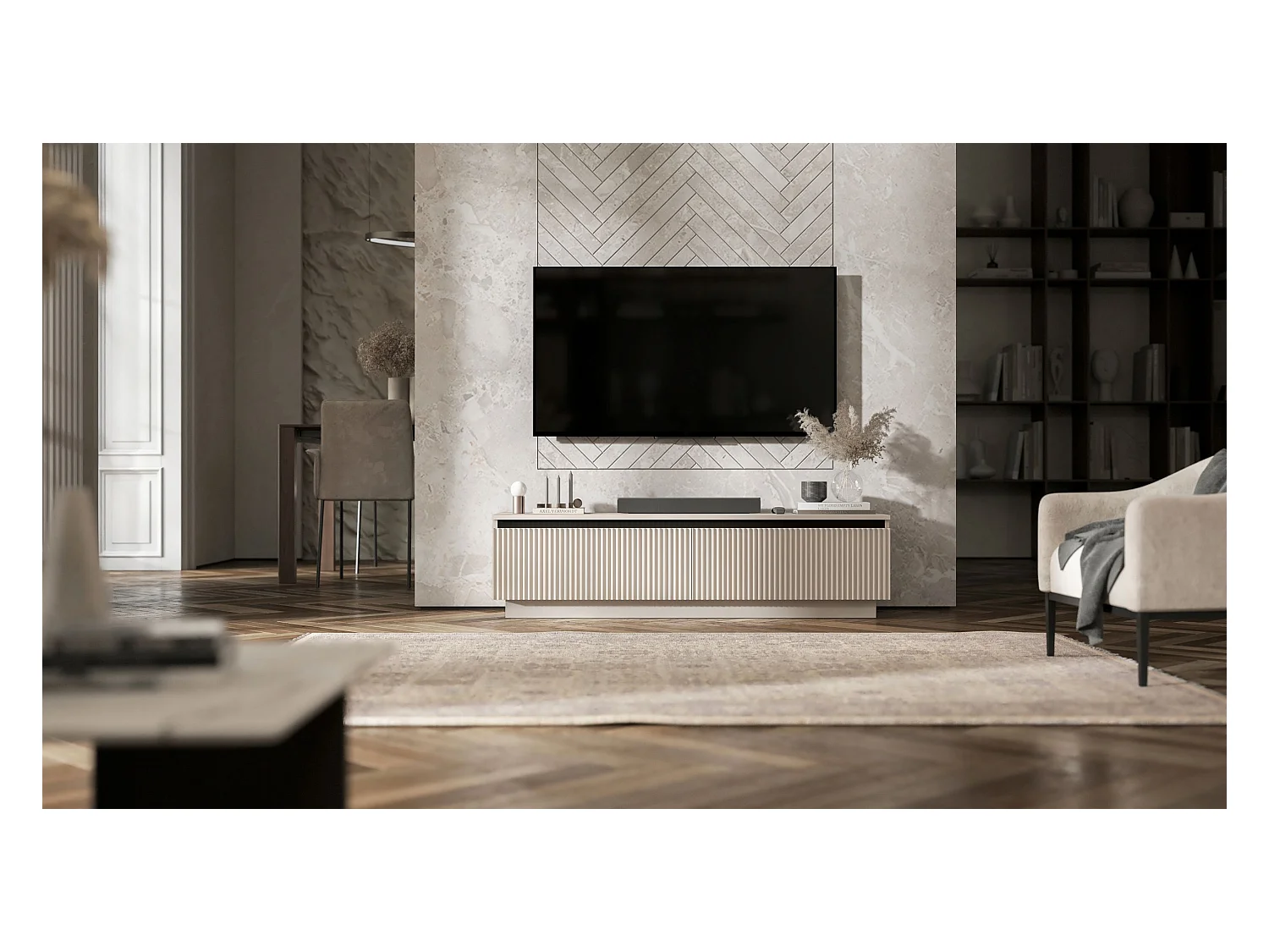 Meuble TV avec 2 portes - Corps Cachemire mat, façades rainurées Cachemire mat - 140 cm, sur socle