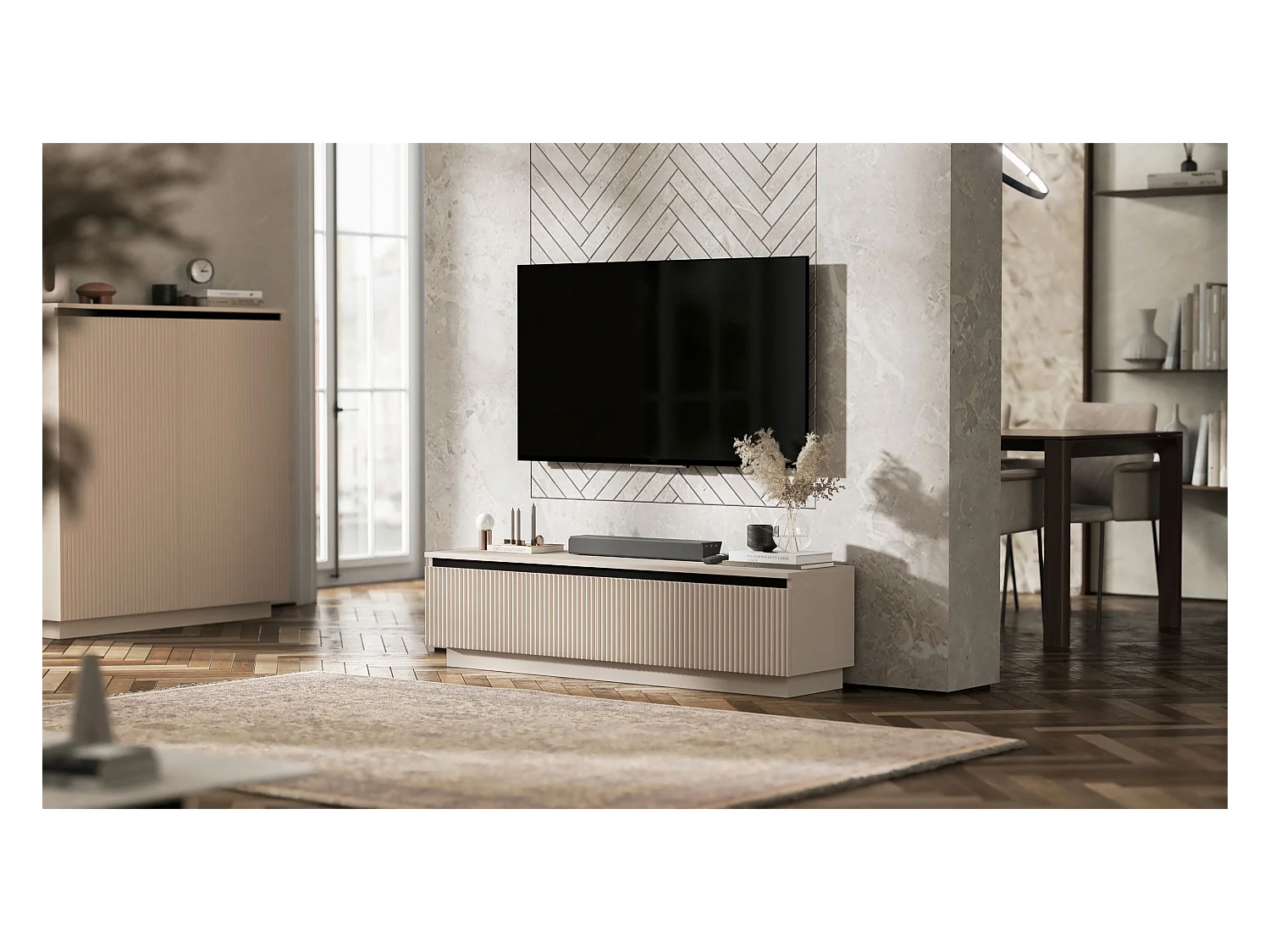 Meuble TV avec 2 portes - Corps Cachemire mat, façades rainurées Cachemire mat - 140 cm, sur socle
