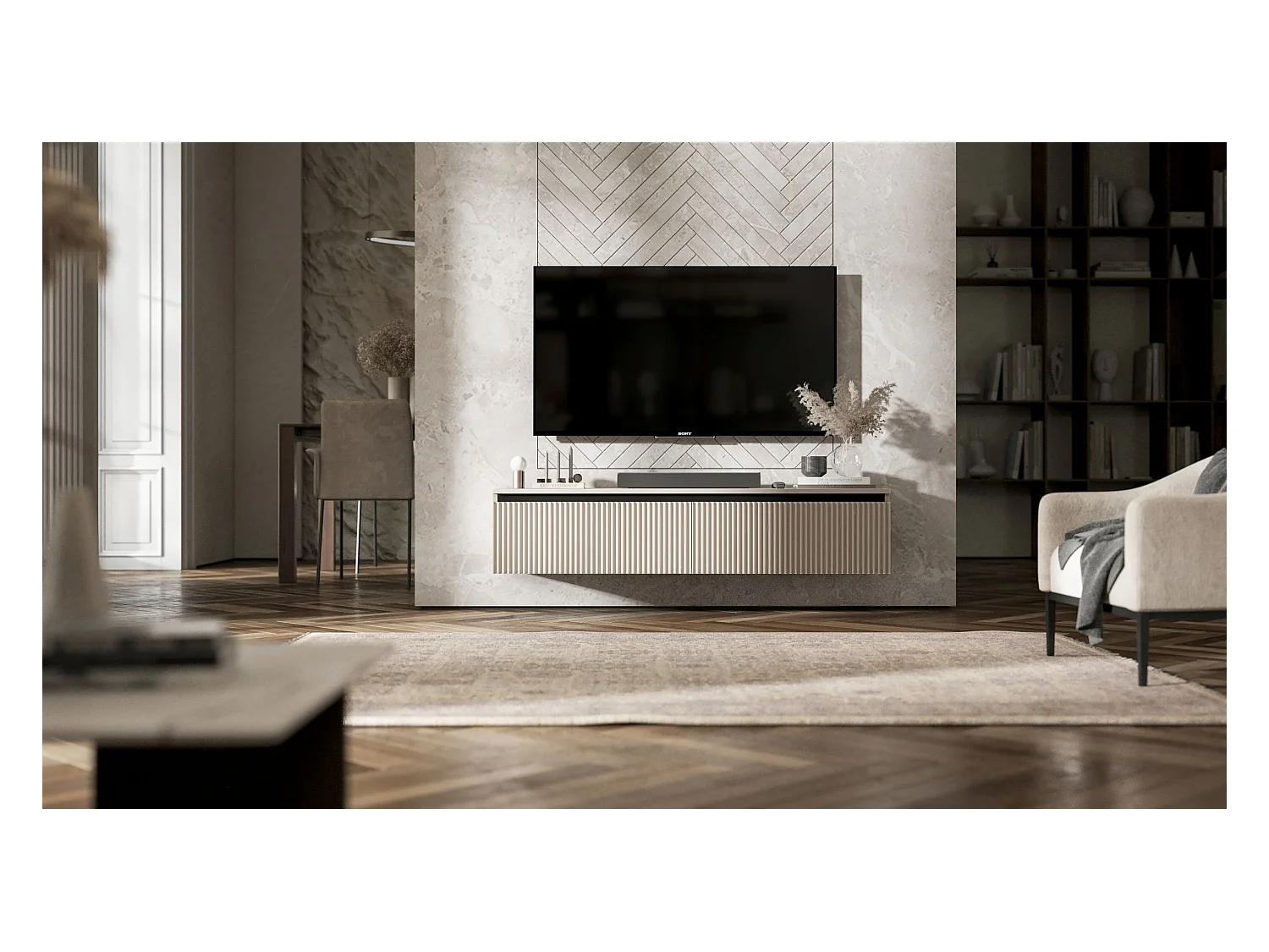 Meuble TV avec 2 portes - Corps Cachemire mat, façades rainurées Cachemire mat - 140 cm, sur socle