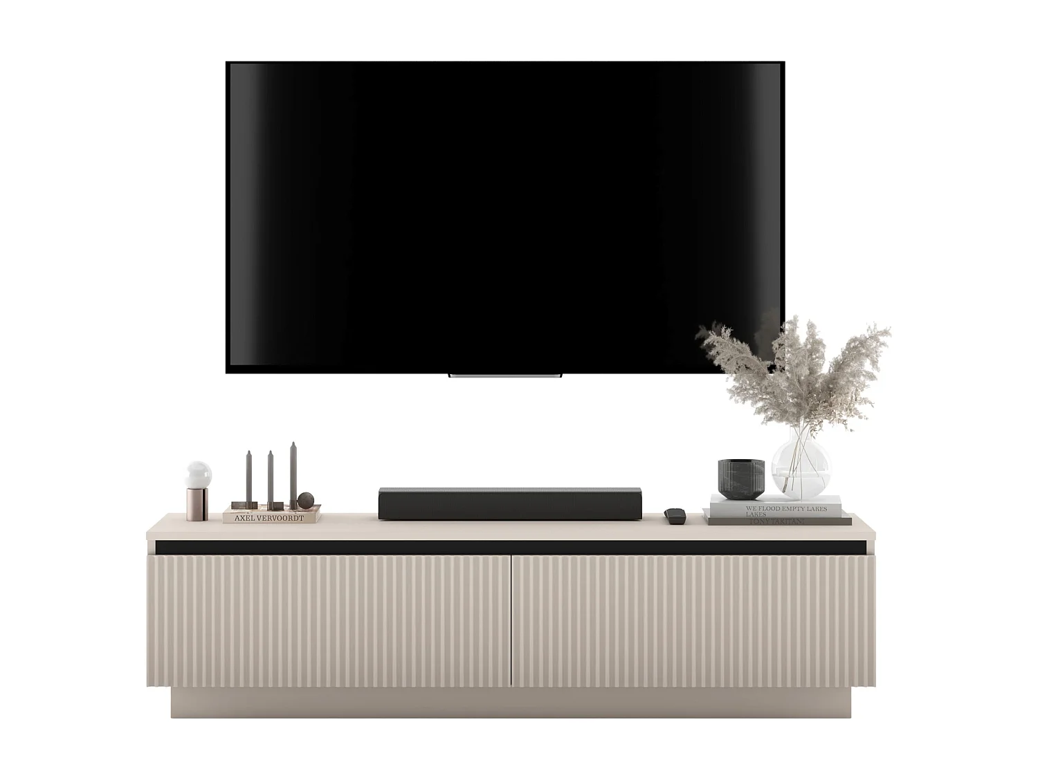 Meuble TV avec 2 portes - Corps Cachemire mat, façades rainurées Cachemire mat - 140 cm, sur socle