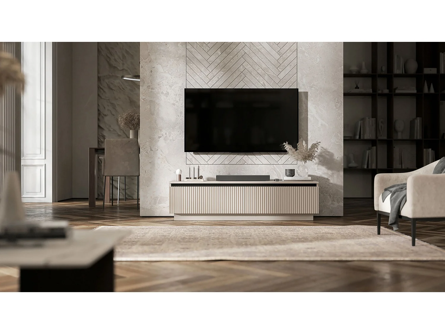 Meuble TV avec 2 portes - Corps Cachemire mat, façades rainurées Cachemire mat - 140 cm, sur socle