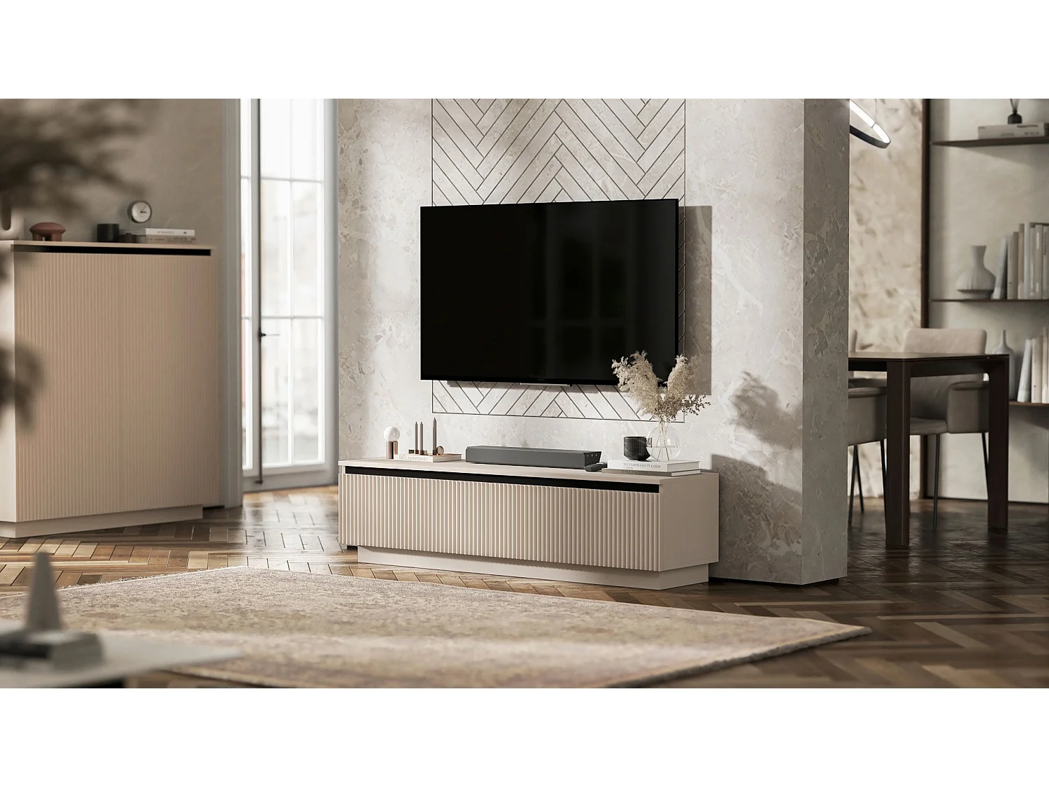 Meuble TV avec 2 portes - Corps Cachemire mat, façades rainurées Cachemire mat - 140 cm, sur socle