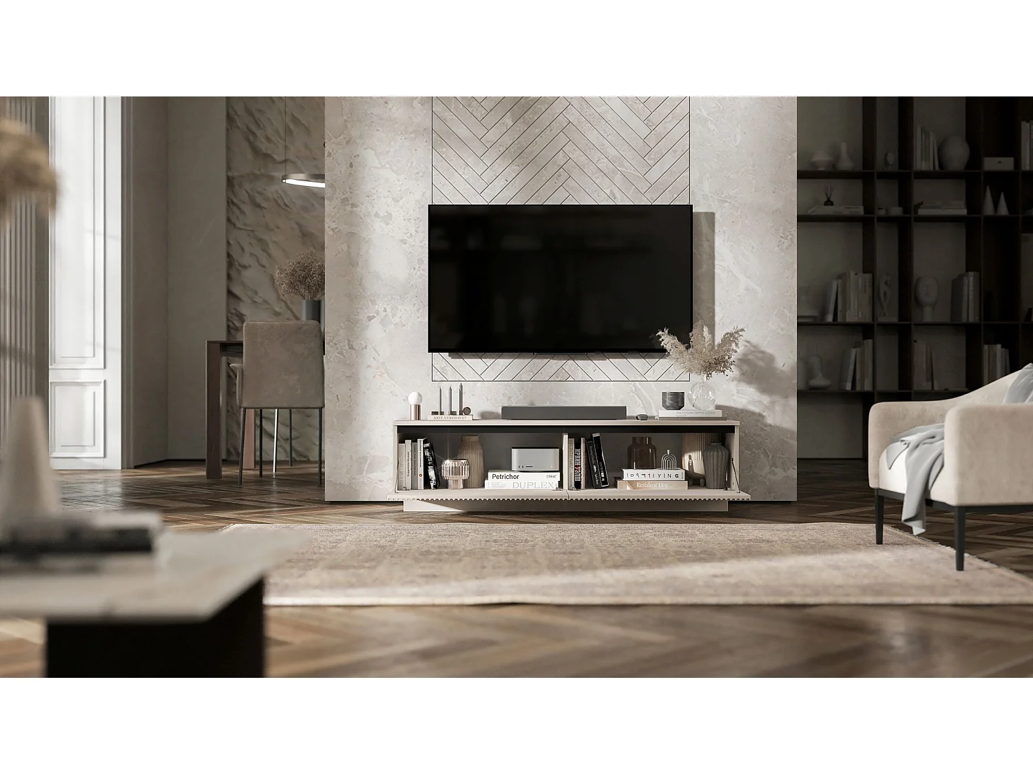 Meuble TV avec 2 portes - Corps Cachemire mat, façades rainurées Cachemire mat - 140 cm, sur socle