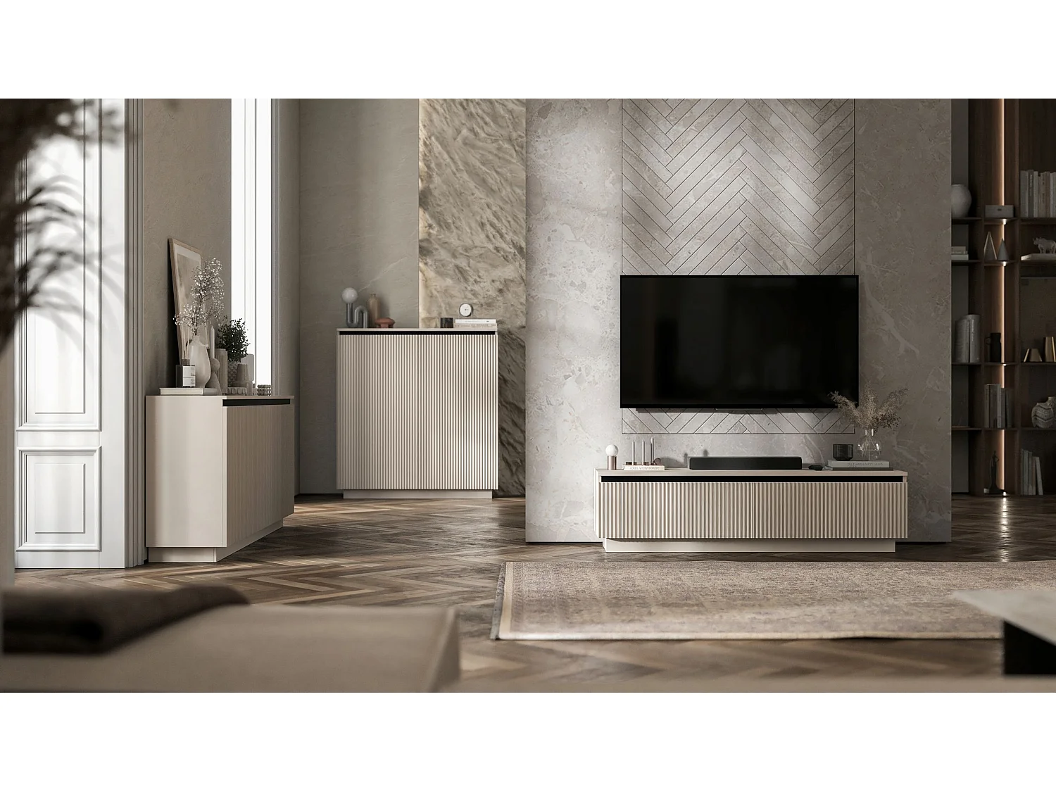 Meuble TV avec 2 portes - Corps Cachemire mat, façades rainurées Cachemire mat - 140 cm, sur socle