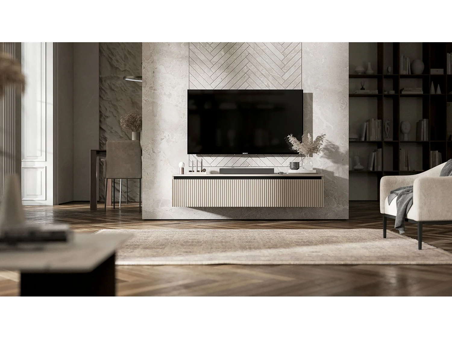 Meuble TV avec 2 portes - Corps Cachemire mat, façades rainurées Cachemire mat - 140 cm, sur socle