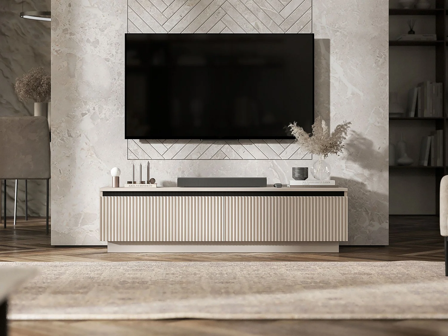Meuble TV avec 2 portes - Corps Cachemire mat, façades rainurées Cachemire mat - 140 cm, sur socle