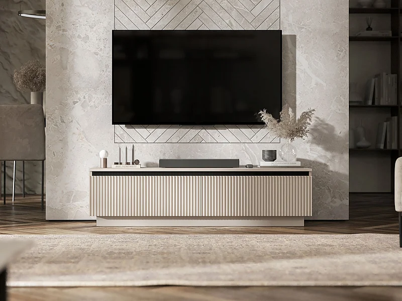 Meuble TV avec 2 portes - Corps Cachemire mat, façades rainurées Cachemire mat - 140 cm, sur socle