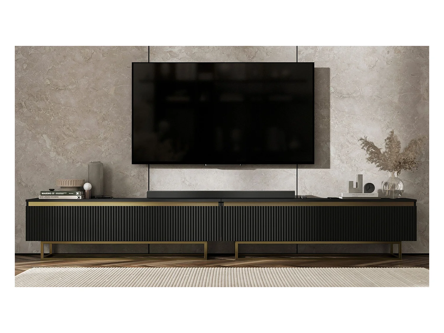 Meuble TV avec 4 portes - Corps Noir mat, façades rainurées Noir mat - 280 cm, Cadre en métal doré