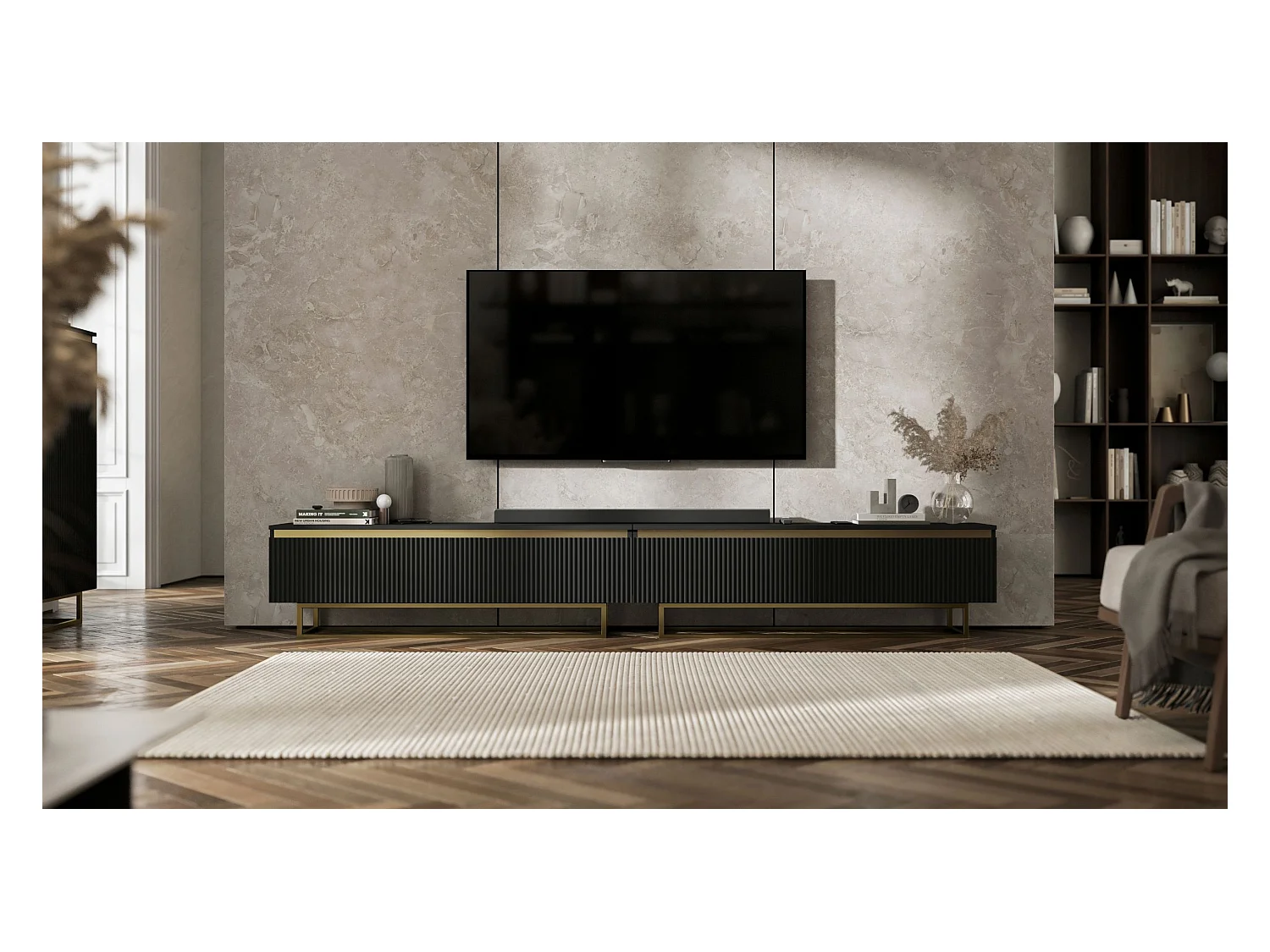 Meuble TV avec 4 portes - Corps Noir mat, façades rainurées Noir mat - 280 cm, Cadre en métal doré