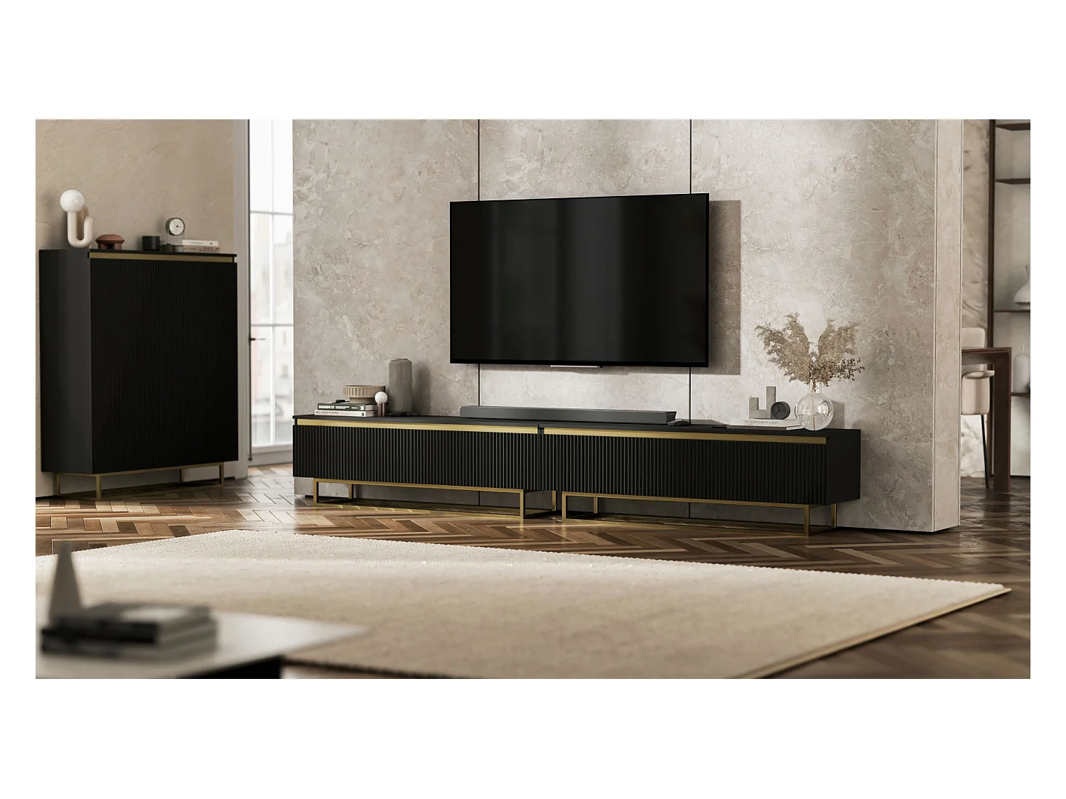 Meuble TV avec 4 portes - Corps Noir mat, façades rainurées Noir mat - 280 cm, Cadre en métal doré