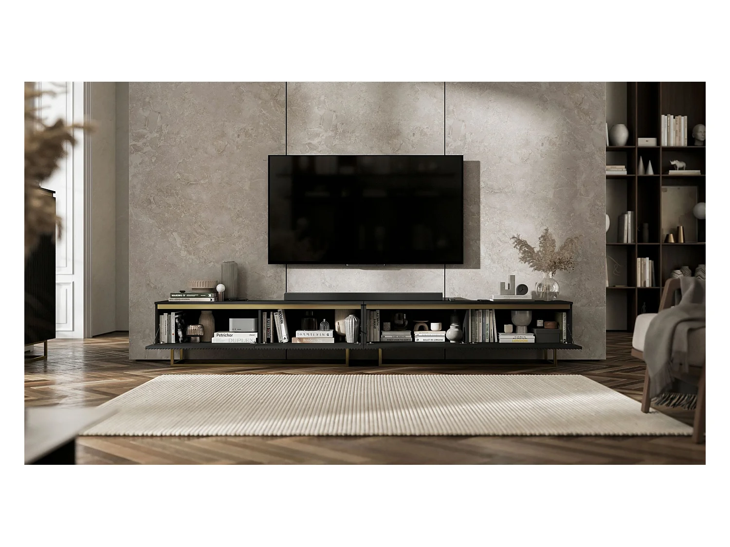 Meuble TV avec 4 portes - Corps Noir mat, façades rainurées Noir mat - 280 cm, Cadre en métal doré