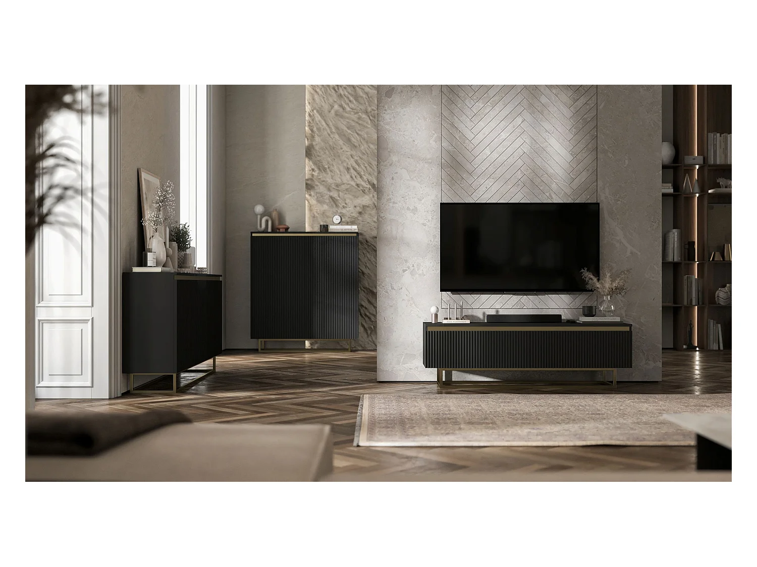 Meuble TV avec 4 portes - Corps Noir mat, façades rainurées Noir mat - 280 cm, Cadre en métal doré