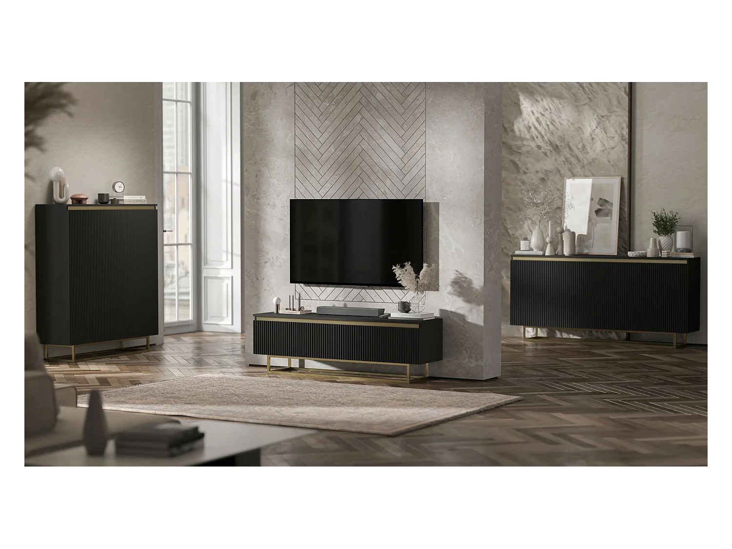 Meuble TV avec 4 portes - Corps Noir mat, façades rainurées Noir mat - 280 cm, Cadre en métal doré