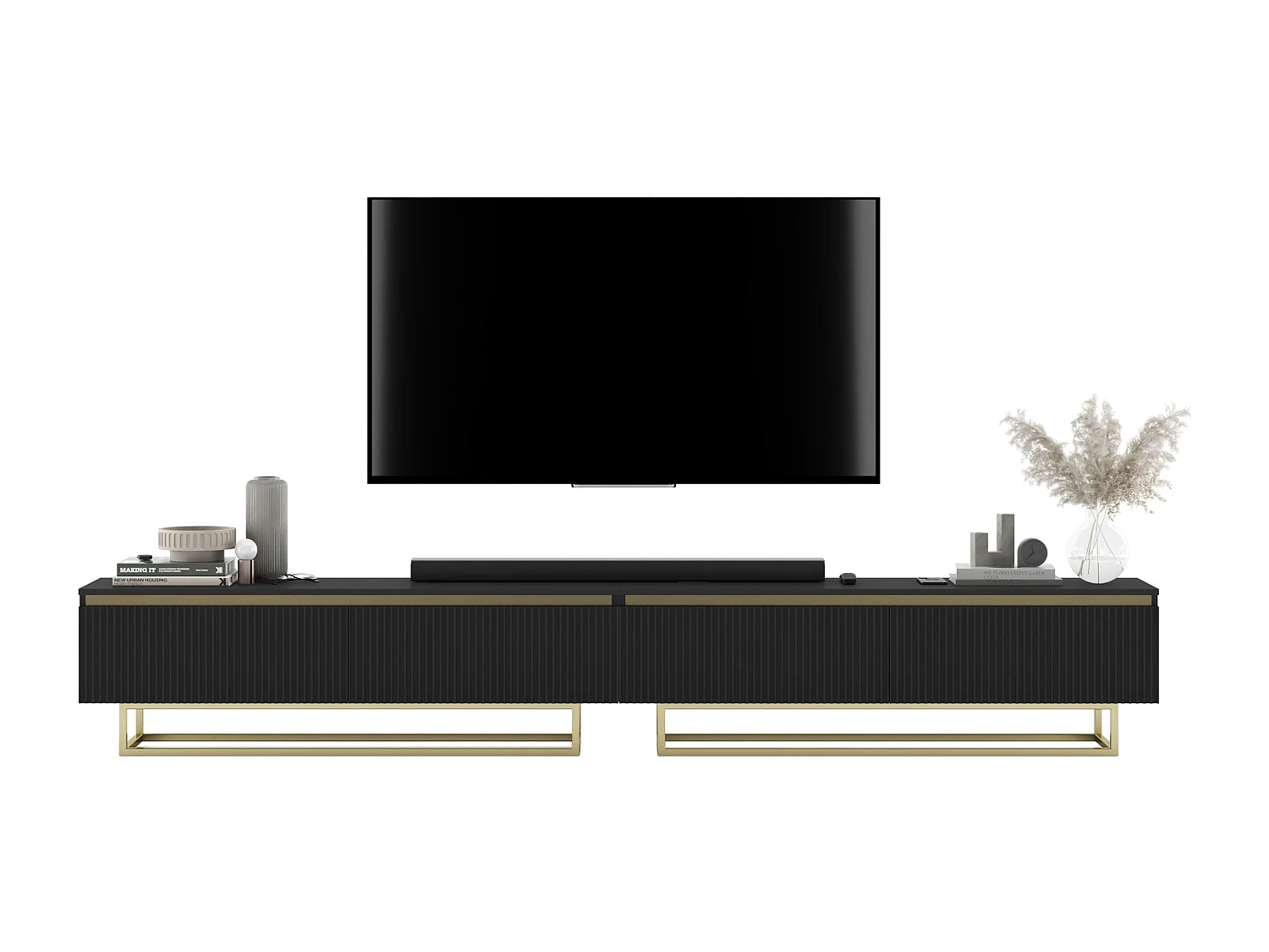 Meuble TV avec 4 portes - Corps Noir mat, façades rainurées Noir mat - 240 cm, Cadre en métal doré