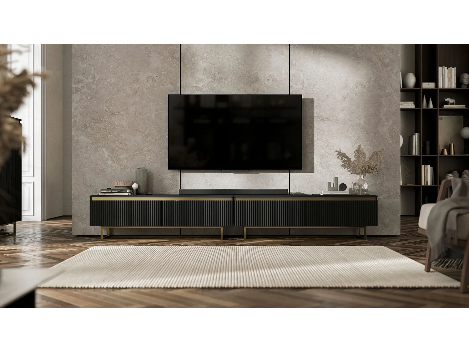 Meuble TV avec 4 portes - Corps Noir mat, façades rainurées Noir mat - 240 cm, Cadre en métal doré