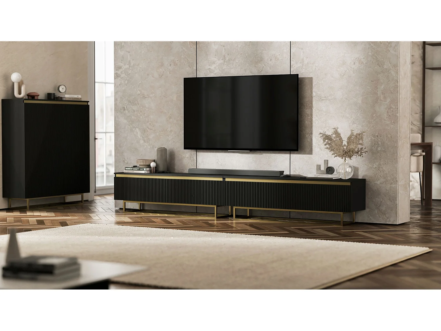 Meuble TV avec 4 portes - Corps Noir mat, façades rainurées Noir mat - 240 cm, Cadre en métal doré