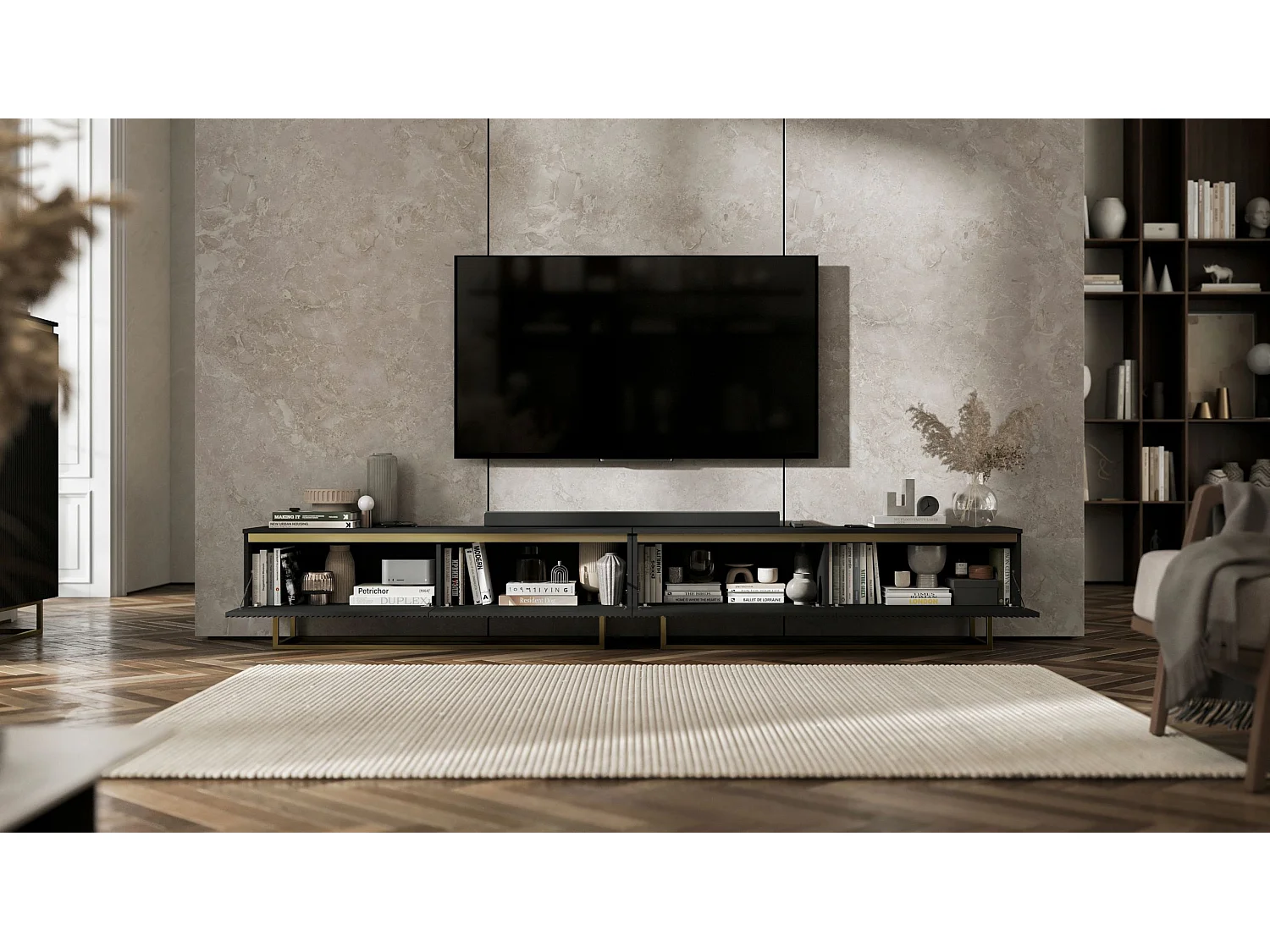 Meuble TV avec 4 portes - Corps Noir mat, façades rainurées Noir mat - 240 cm, Cadre en métal doré