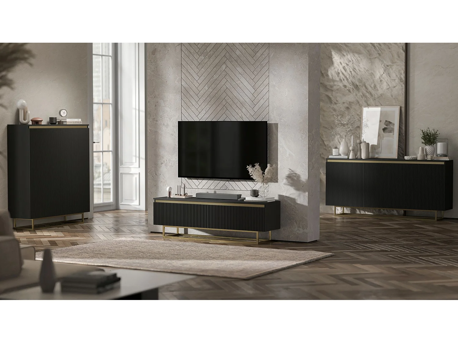 Meuble TV avec 4 portes - Corps Noir mat, façades rainurées Noir mat - 240 cm, Cadre en métal doré