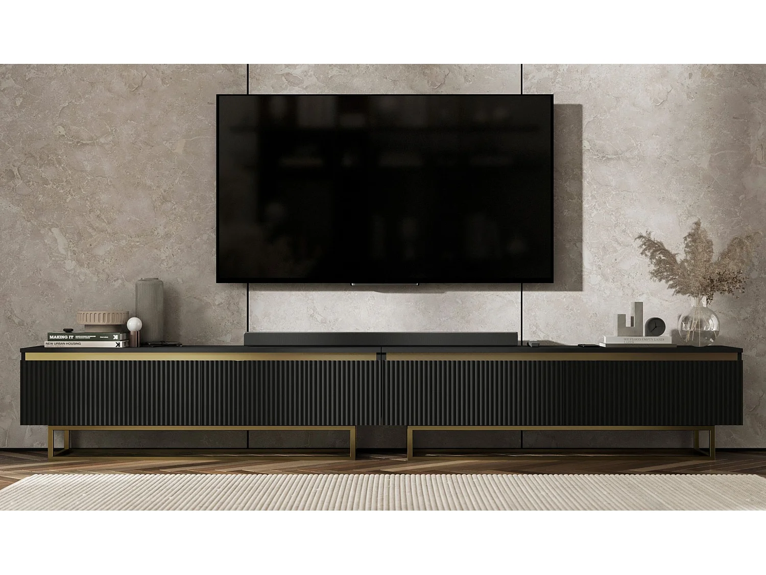 Meuble TV avec 4 portes - Corps Noir mat, façades rainurées Noir mat - 240 cm, Cadre en métal doré
