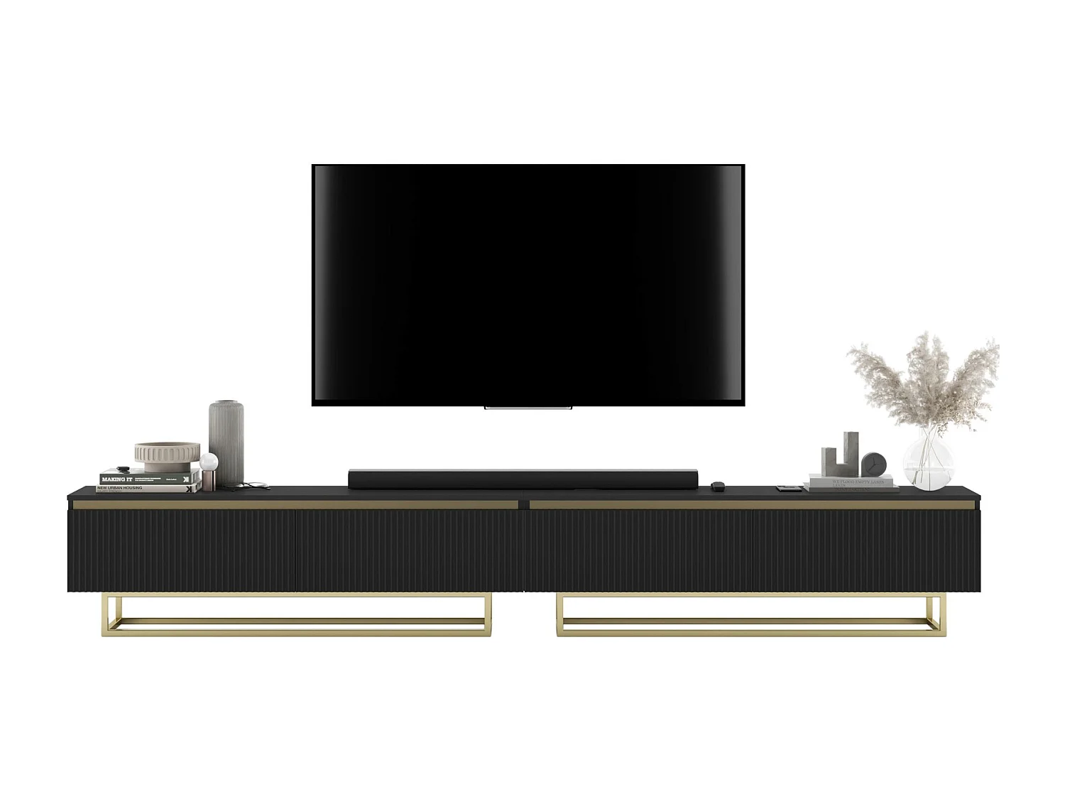 Meuble TV avec 4 portes - Corps Noir mat, façades rainurées Noir mat - 240 cm, Cadre en métal doré