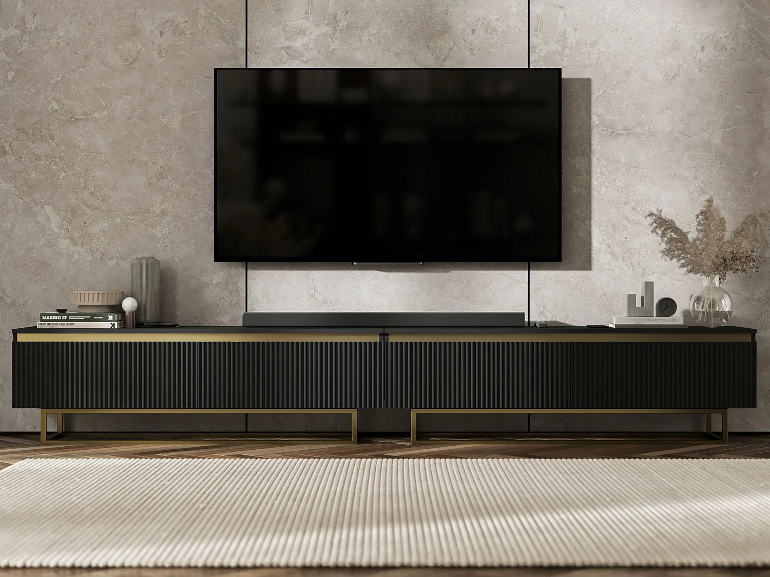 Meuble TV avec 4 portes - Corps Noir mat, façades rainurées Noir mat - 240 cm, Cadre en métal doré