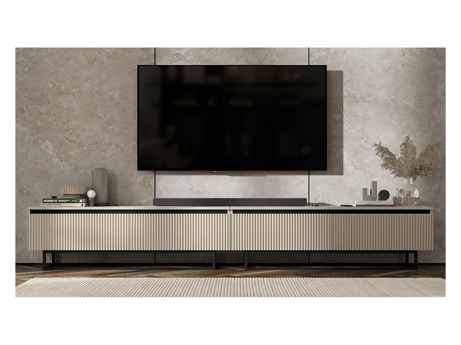 Meuble TV avec 4 portes - Corps Cachemire mat, façades rainurées Cachemire mat - 280 cm, Cadre en métal noir