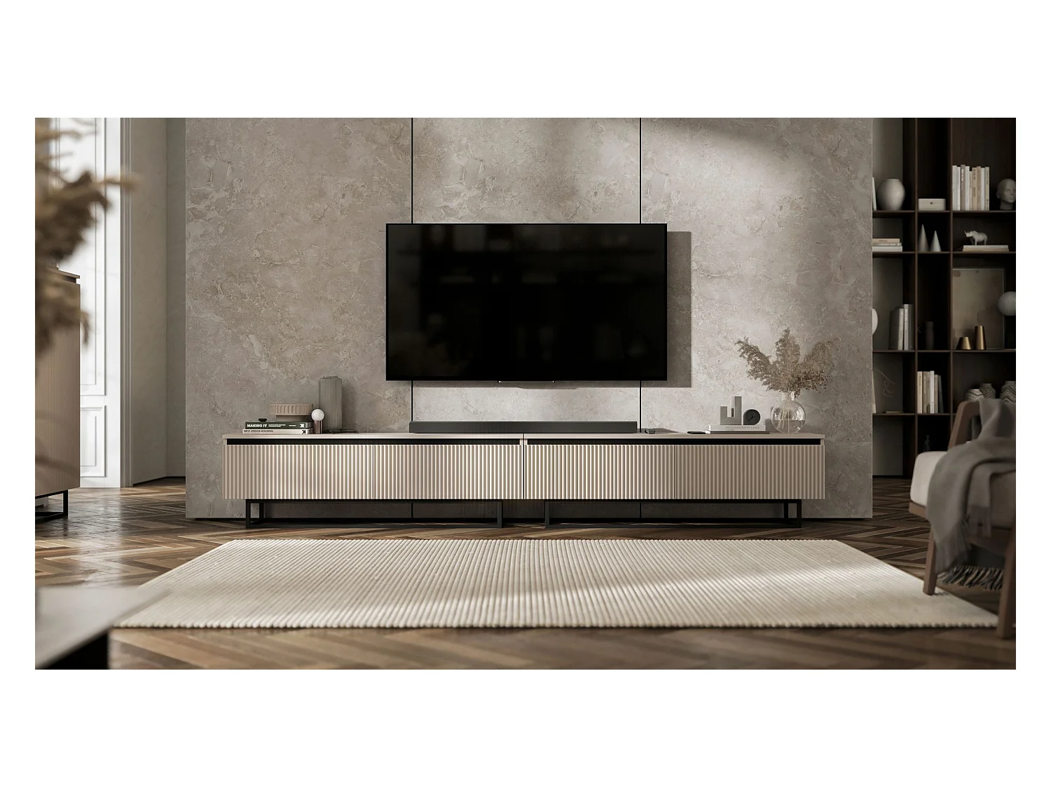 Meuble TV avec 4 portes - Corps Cachemire mat, façades rainurées Cachemire mat - 280 cm, Cadre en métal noir