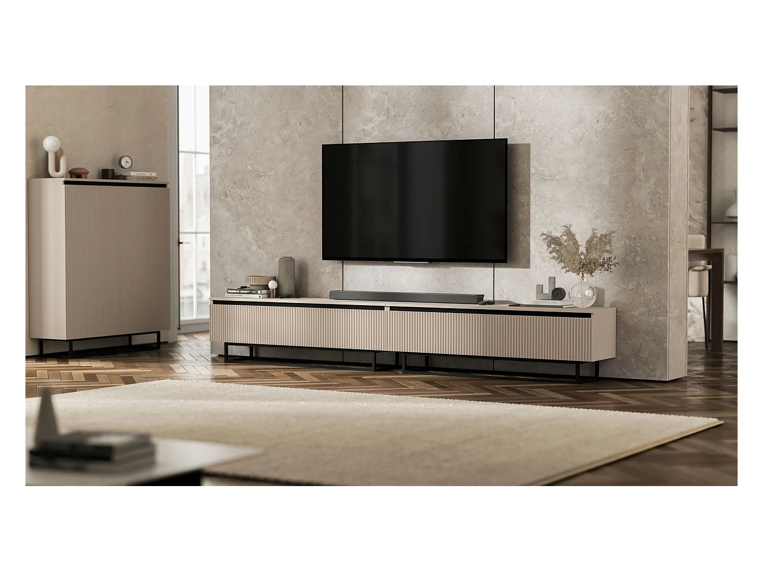 Meuble TV avec 4 portes - Corps Cachemire mat, façades rainurées Cachemire mat - 280 cm, Cadre en métal noir