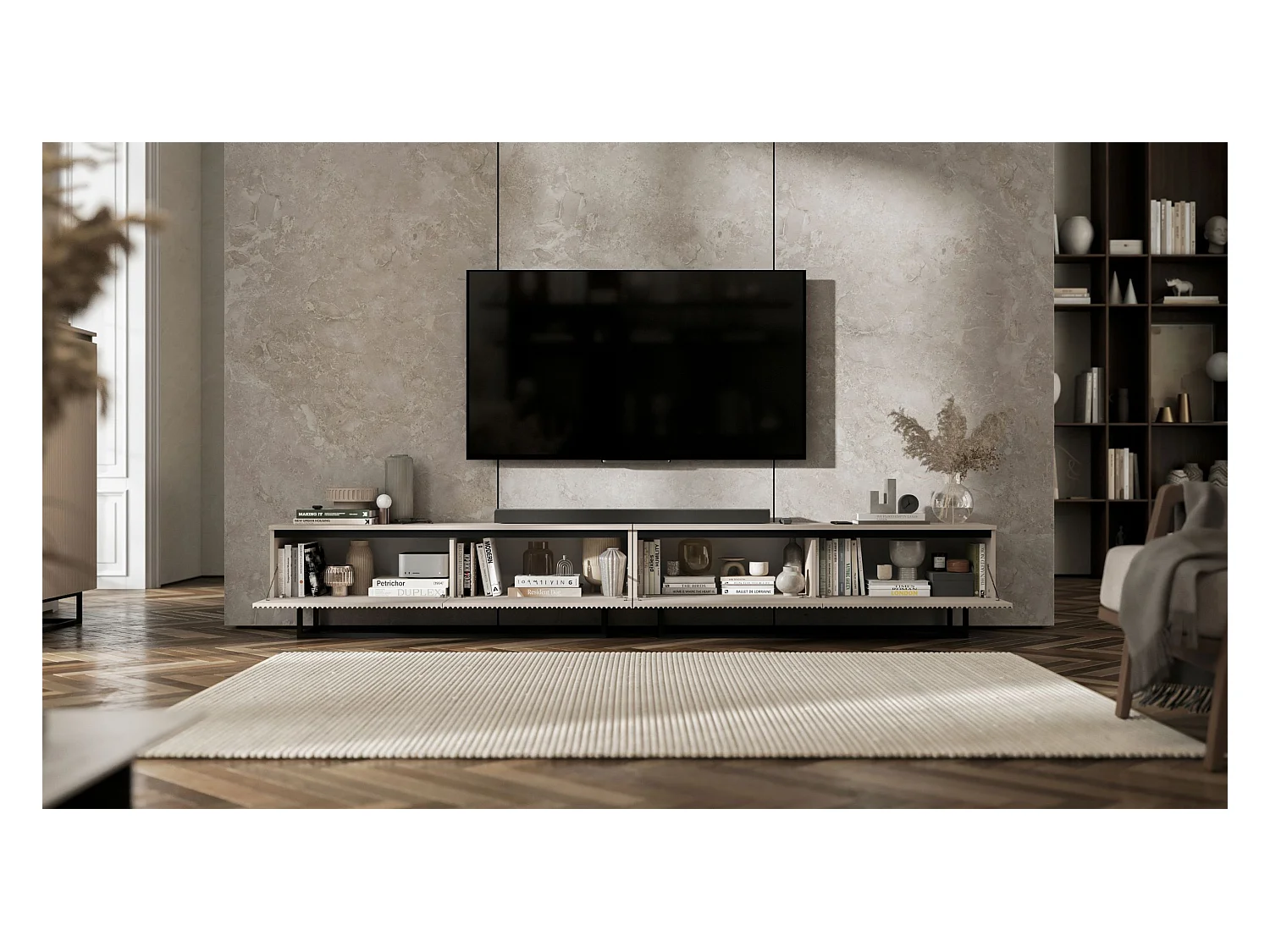 Meuble TV avec 4 portes - Corps Cachemire mat, façades rainurées Cachemire mat - 280 cm, Cadre en métal noir