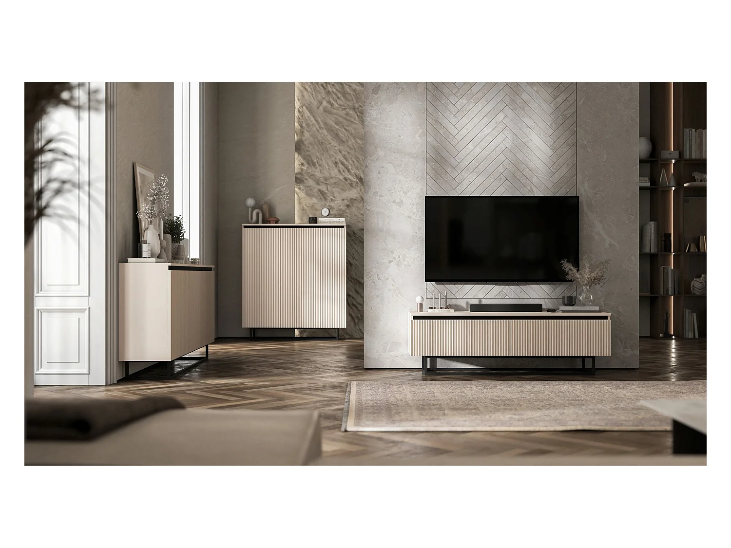 Meuble TV avec 4 portes - Corps Cachemire mat, façades rainurées Cachemire mat - 280 cm, Cadre en métal noir