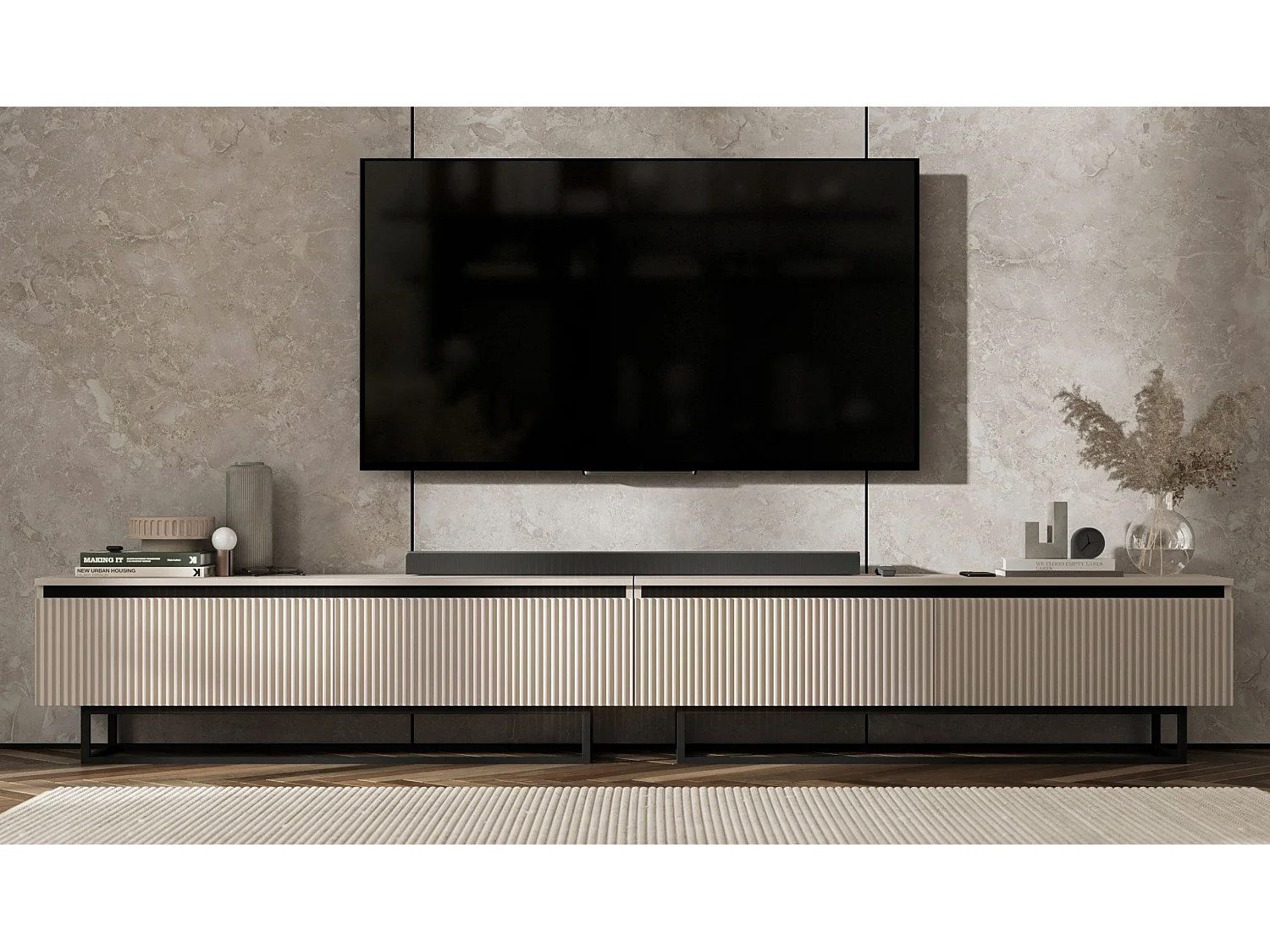 Meuble TV avec 4 portes - Corps Cachemire mat, façades rainurées Cachemire mat - 240 cm, Cadre en métal noir