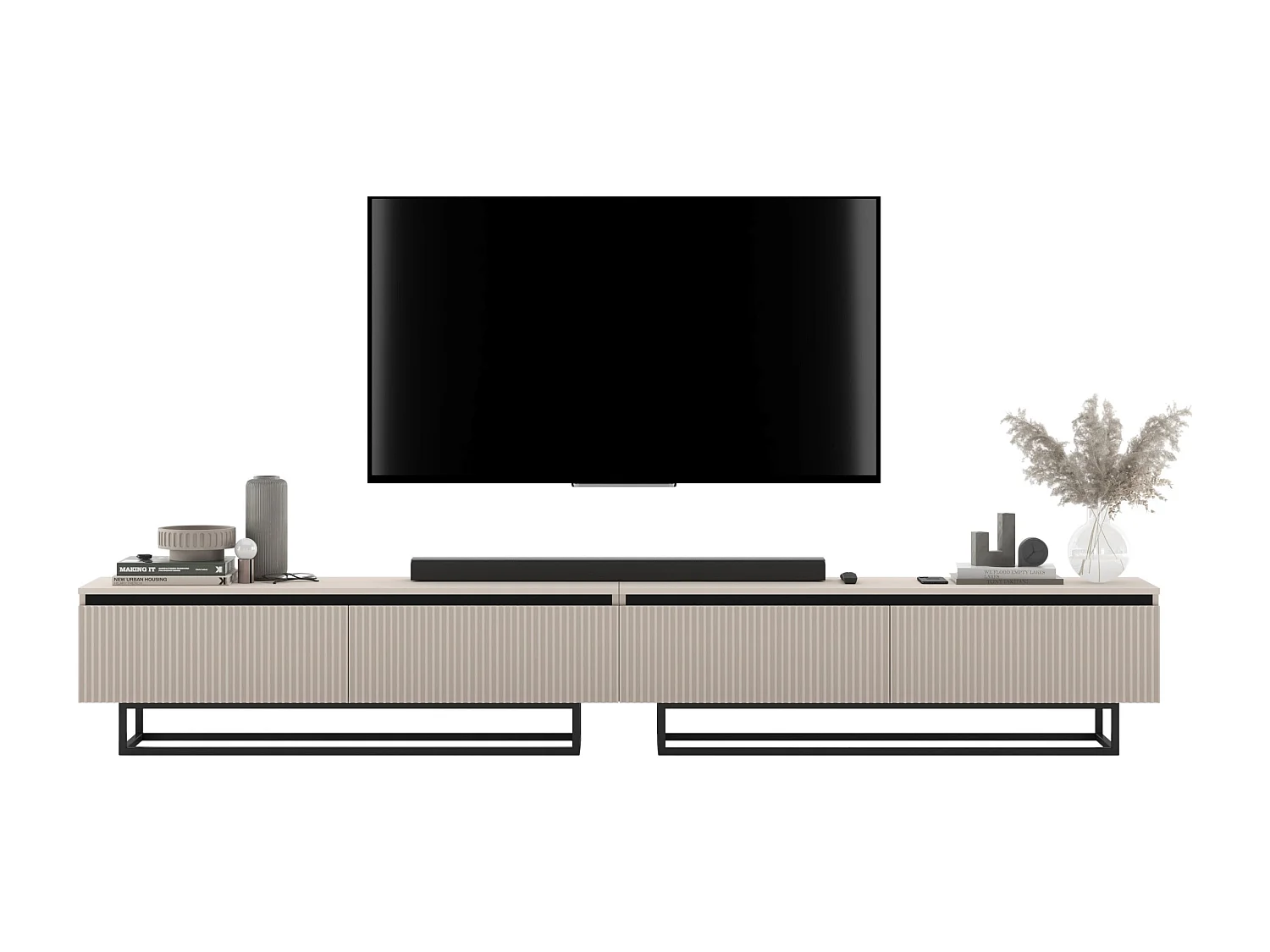 Meuble TV avec 4 portes - Corps Cachemire mat, façades rainurées Cachemire mat - 240 cm, Cadre en métal noir