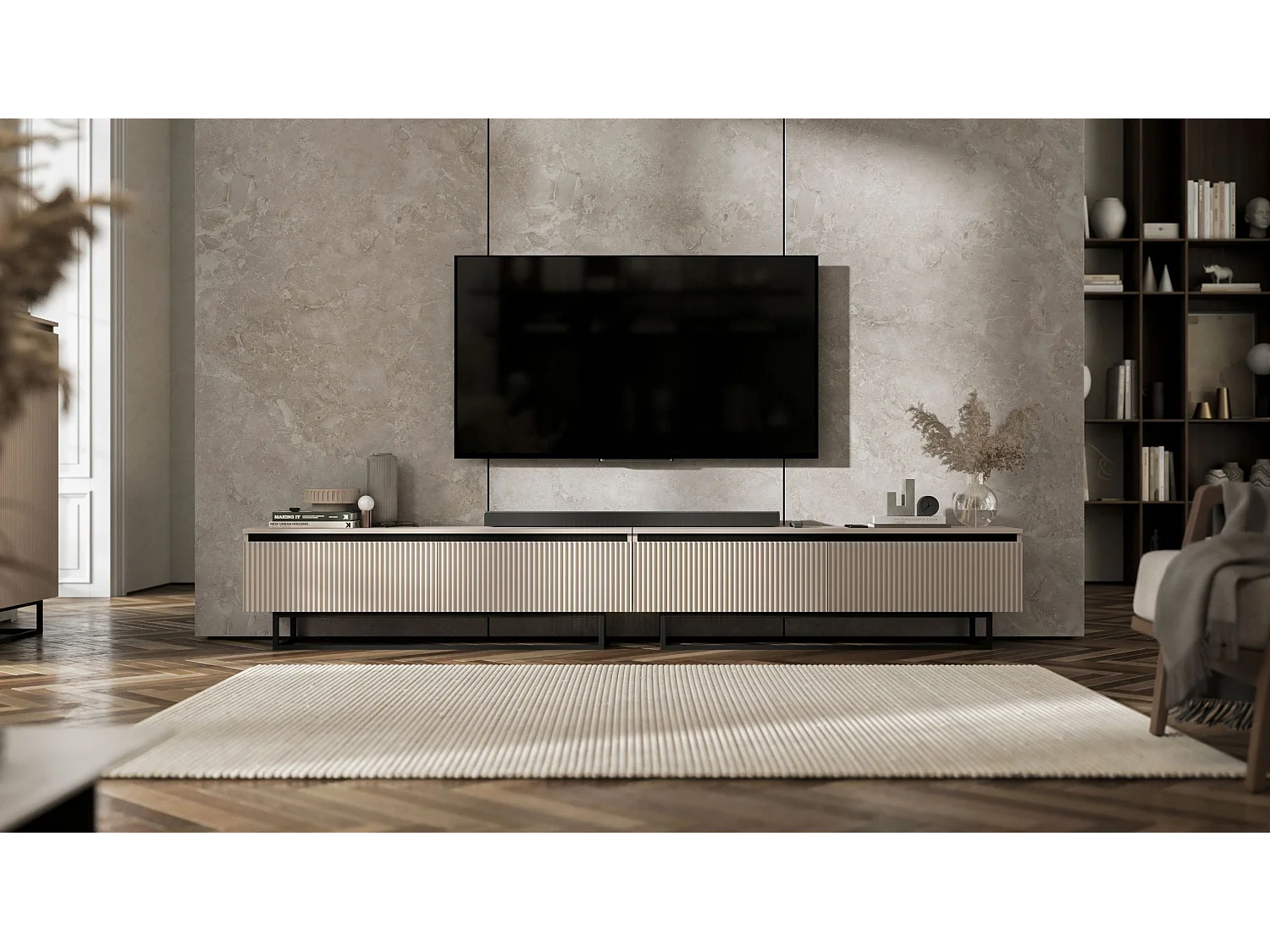 Meuble TV avec 4 portes - Corps Cachemire mat, façades rainurées Cachemire mat - 240 cm, Cadre en métal noir