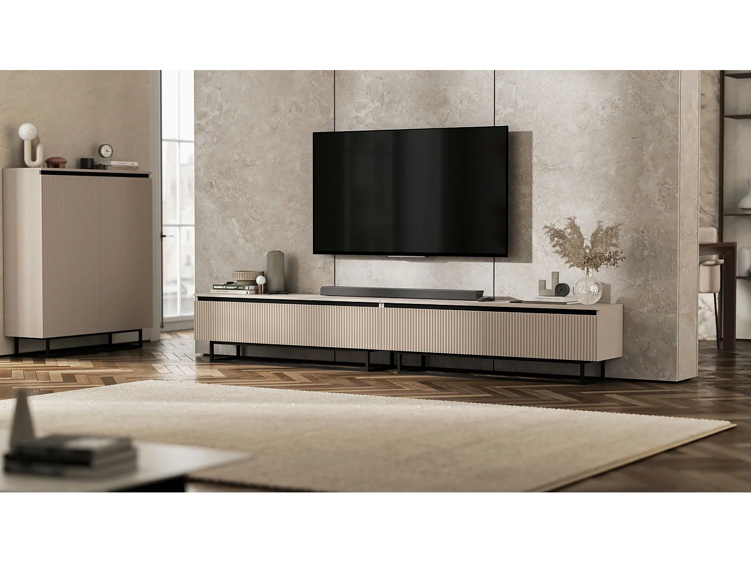 Meuble TV avec 4 portes - Corps Cachemire mat, façades rainurées Cachemire mat - 240 cm, Cadre en métal noir