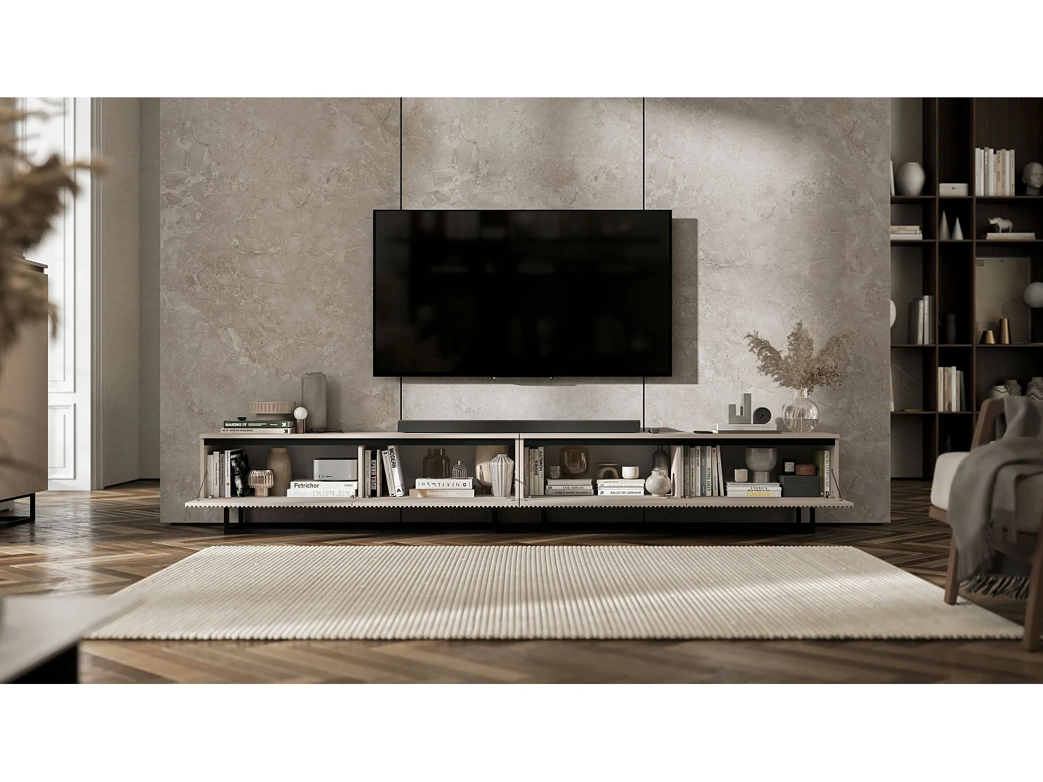 Meuble TV avec 4 portes - Corps Cachemire mat, façades rainurées Cachemire mat - 240 cm, Cadre en métal noir