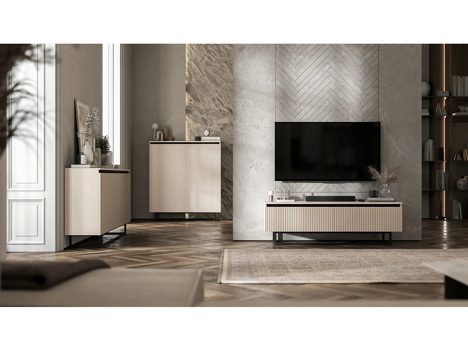 Meuble TV avec 4 portes - Corps Cachemire mat, façades rainurées Cachemire mat - 240 cm, Cadre en métal noir