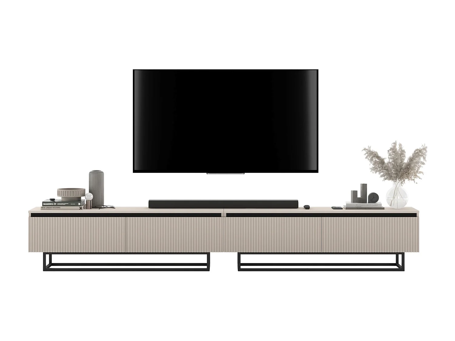 Meuble TV avec 4 portes - Corps Cachemire mat, façades rainurées Cachemire mat - 240 cm, Cadre en métal noir