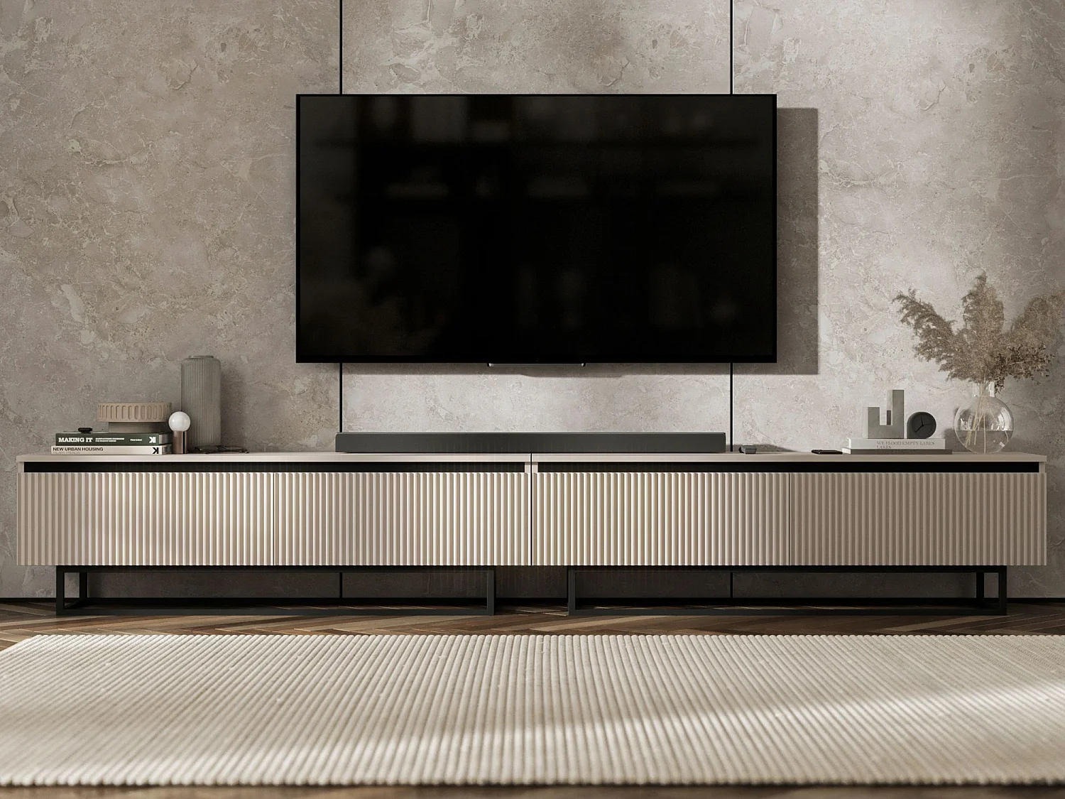 Meuble TV avec 4 portes - Corps Cachemire mat, façades rainurées Cachemire mat - 240 cm, Cadre en métal noir