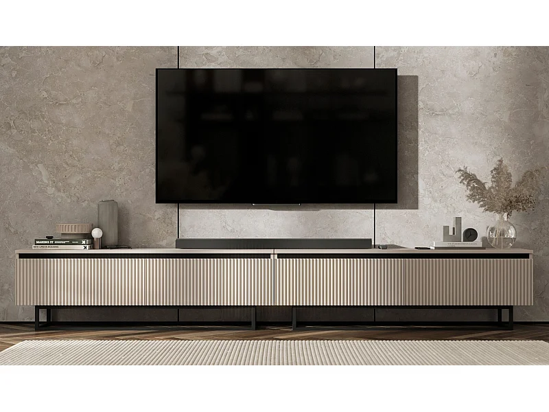 Meuble TV avec 4 portes - Corps Cachemire mat, façades rainurées Cachemire mat - 280 cm, Cadre en métal noir