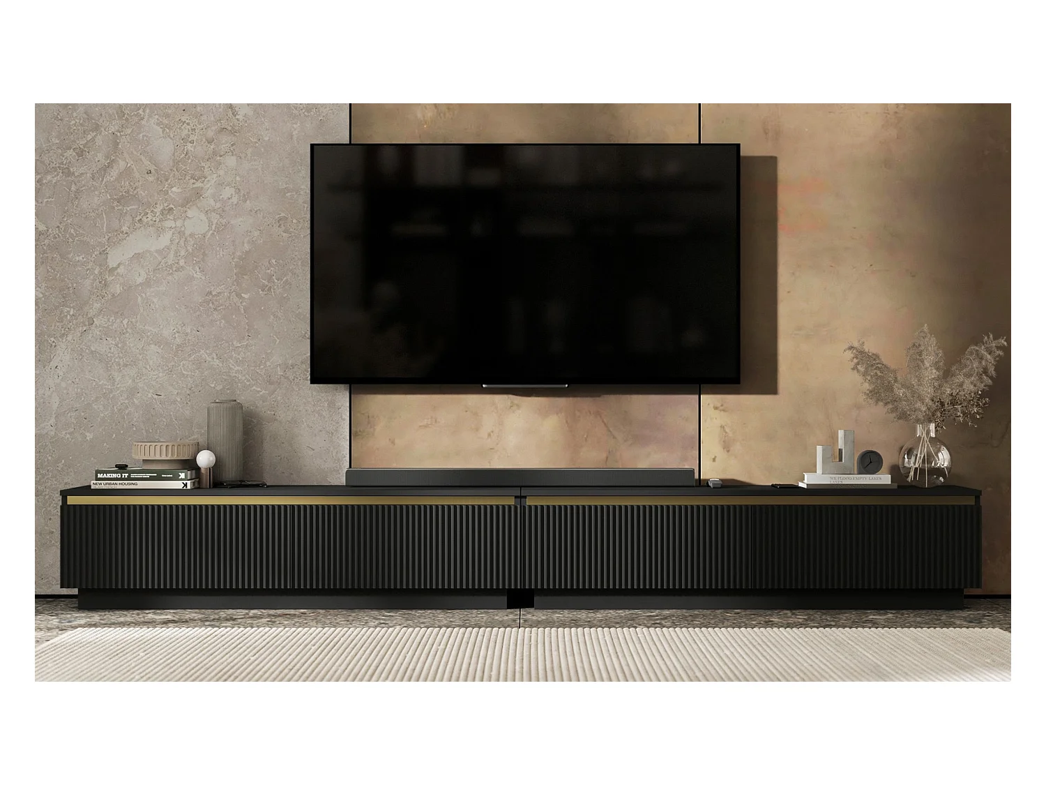 Meuble TV avec 4 portes - Corps Noir mat, façades rainurées Noir mat - 280 cm, sur socle