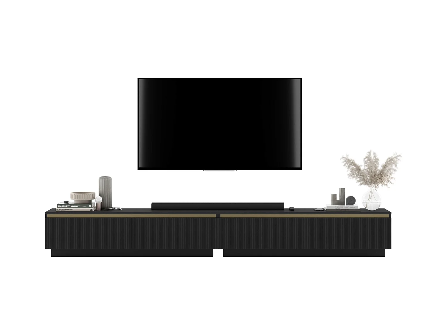 Meuble TV avec 4 portes - Corps Noir mat, façades rainurées Noir mat - 280 cm, sur socle