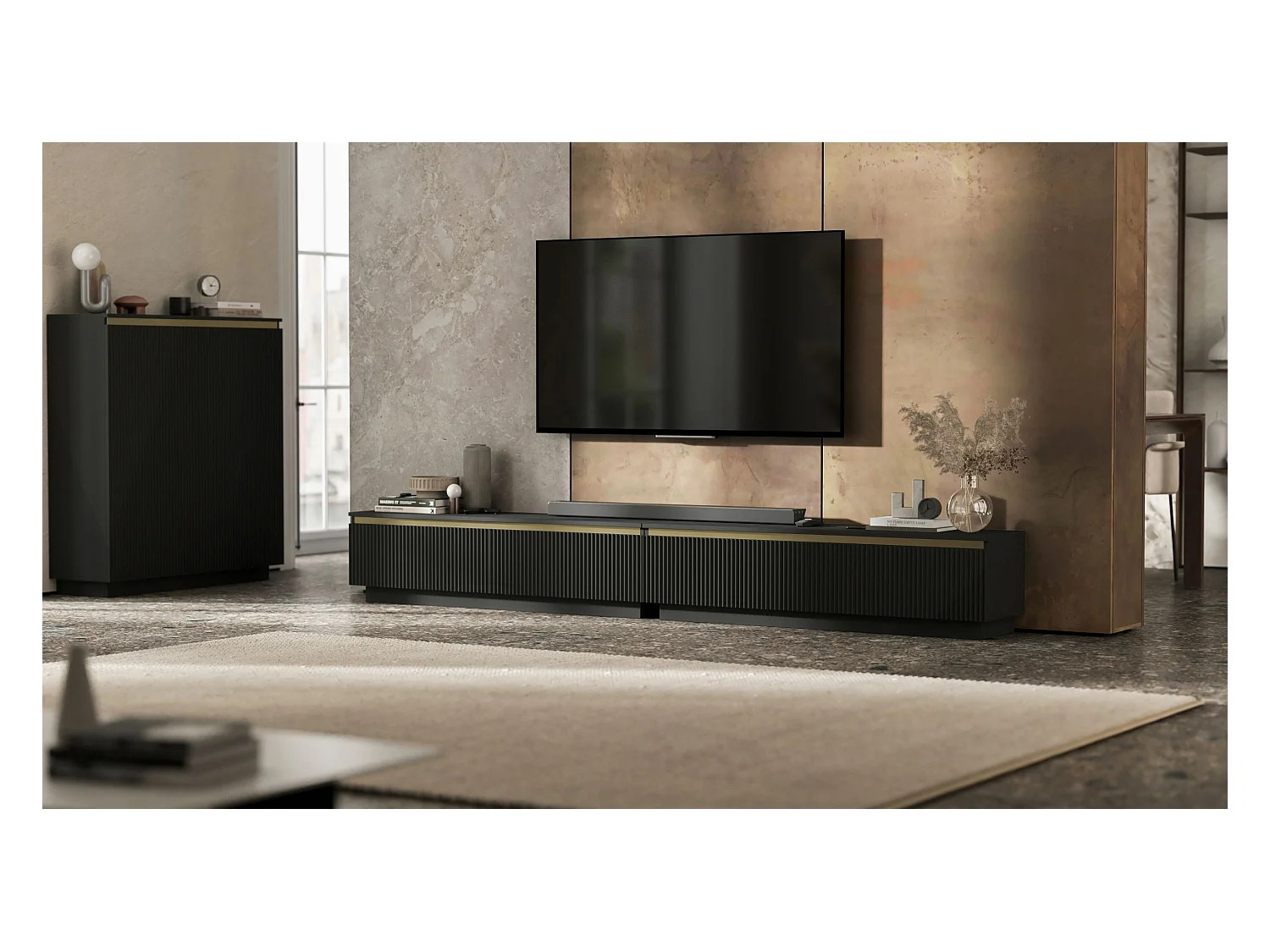 Meuble TV avec 4 portes - Corps Noir mat, façades rainurées Noir mat - 280 cm, sur socle
