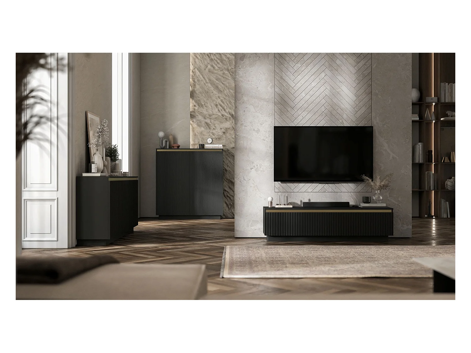 Meuble TV avec 4 portes - Corps Noir mat, façades rainurées Noir mat - 280 cm, sur socle