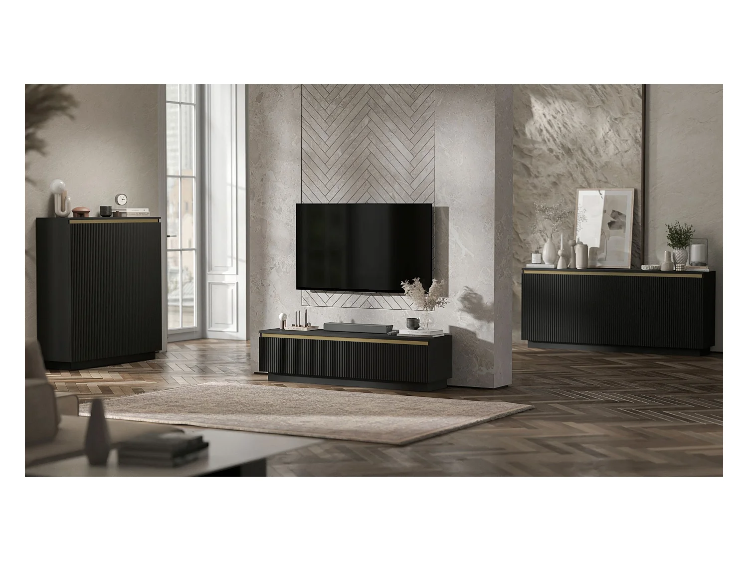 Meuble TV avec 4 portes - Corps Noir mat, façades rainurées Noir mat - 280 cm, sur socle
