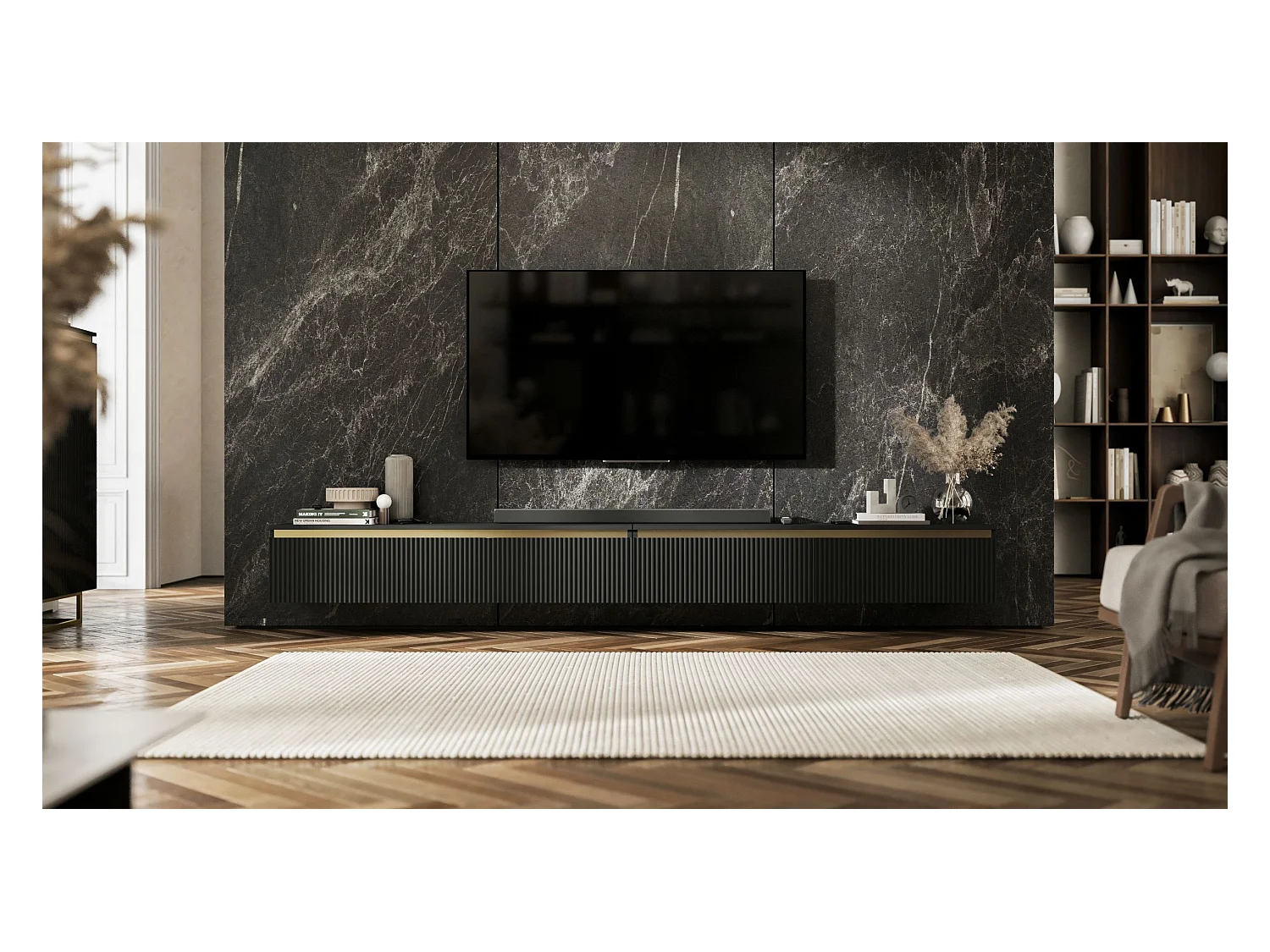 Meuble TV avec 4 portes - Corps Noir mat, façades rainurées Noir mat - 280 cm, sur socle