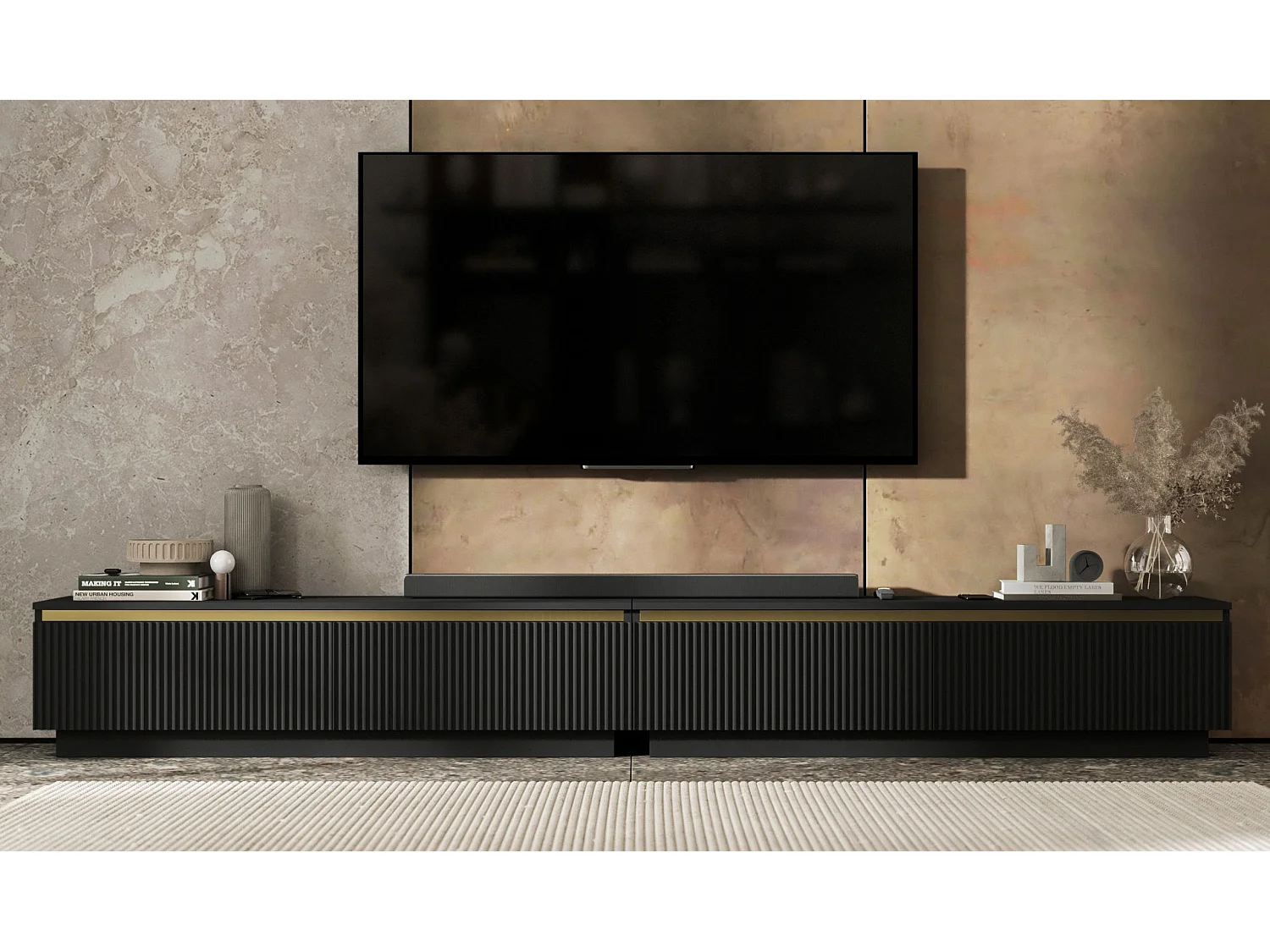 Meuble TV avec 4 portes - Corps Noir mat, façades rainurées Noir mat - 240 cm, sur socle