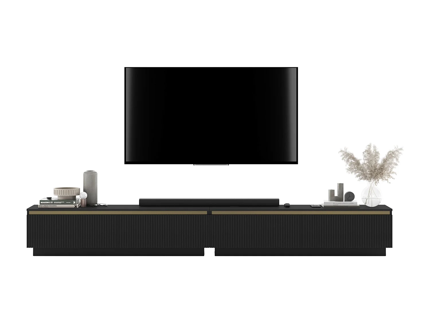 Meuble TV avec 4 portes - Corps Noir mat, façades rainurées Noir mat - 240 cm, sur socle