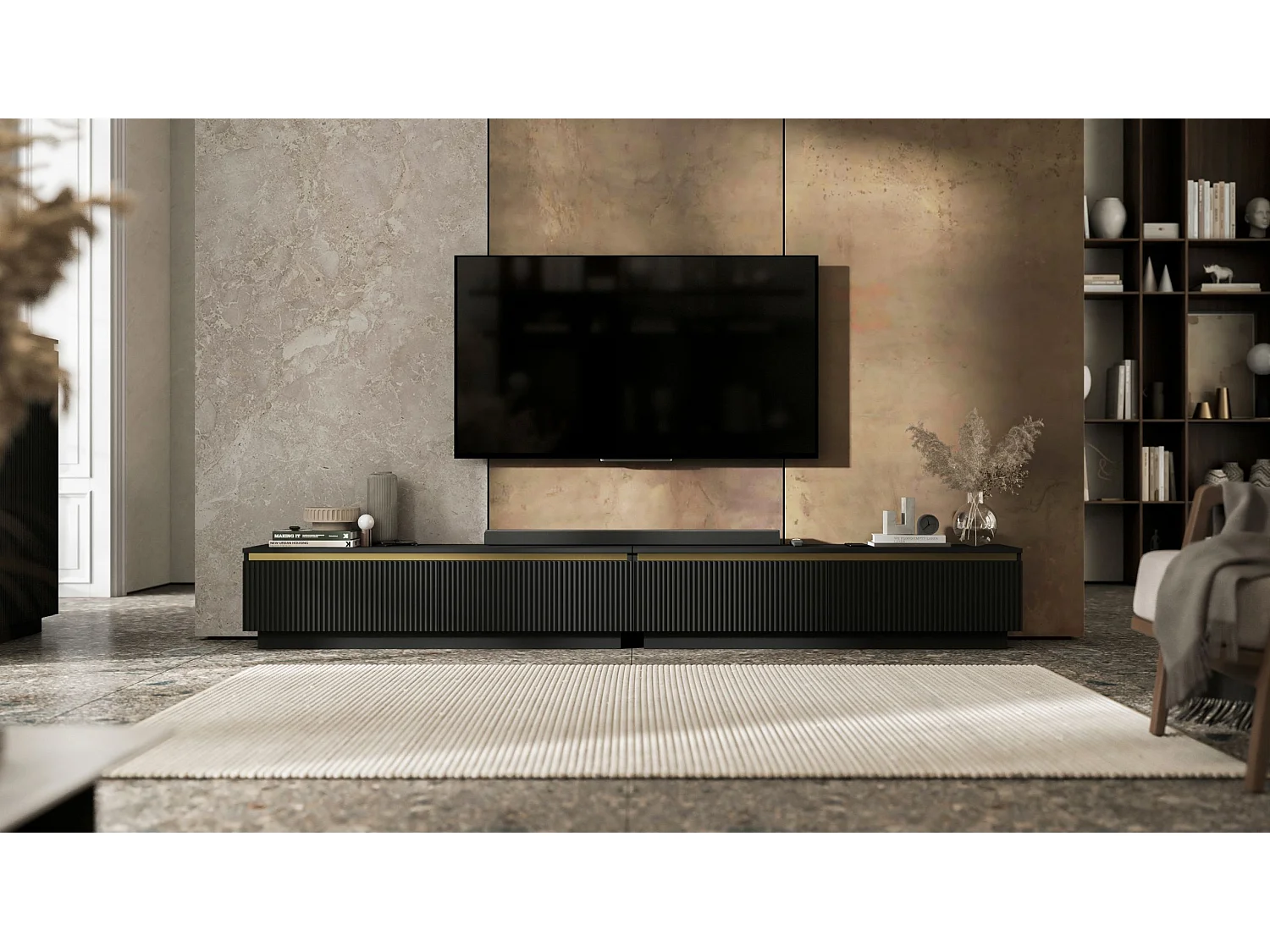 Meuble TV avec 4 portes - Corps Noir mat, façades rainurées Noir mat - 240 cm, sur socle